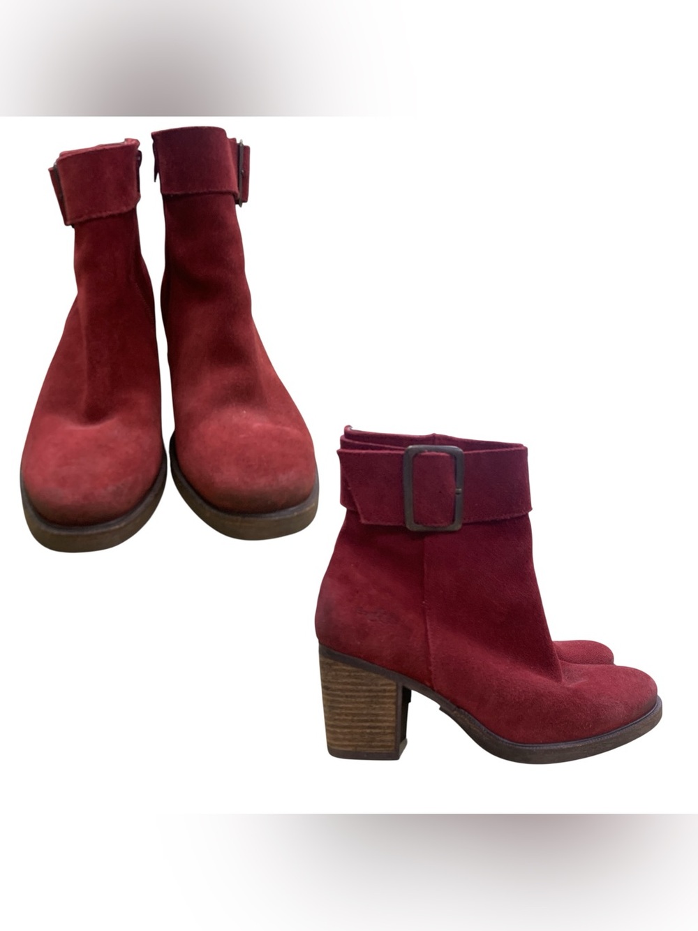 ’Red Suede Ankle Boots with Buckle Strap S7.5